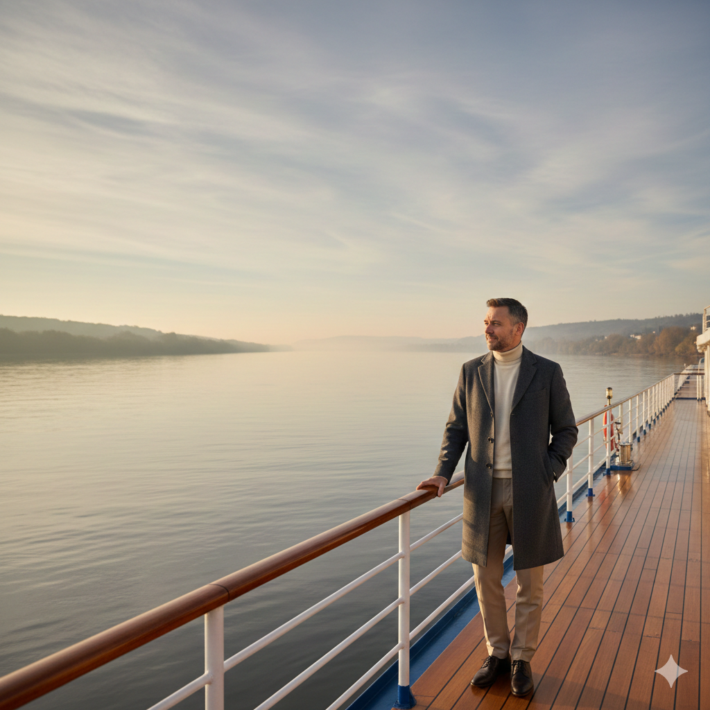 Guest at the railing of a river cruise vessel looking out at the passing landscape
