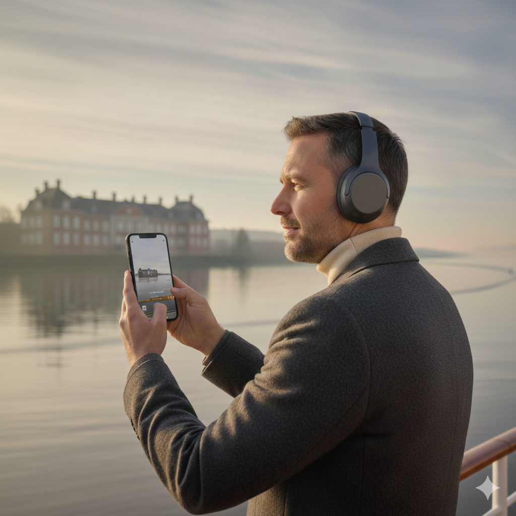 Cruise operator reviewing The Host Atlas content platform — managing routes, narratives, and guest experience layers